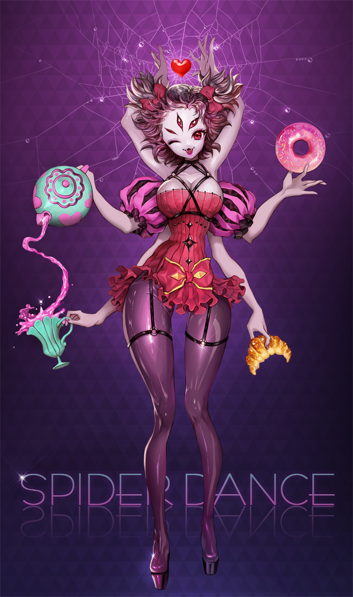 1girl black_hair bow candlefish croissant doughnut english extra_arms fang food garter_straps hair_bow hands_up heart looking_at_viewer monster_girl muffet one_eye_closed open_mouth pouring puffy_sleeves red_eyes silk solo spider_web standing teapot thigh_gap undertale