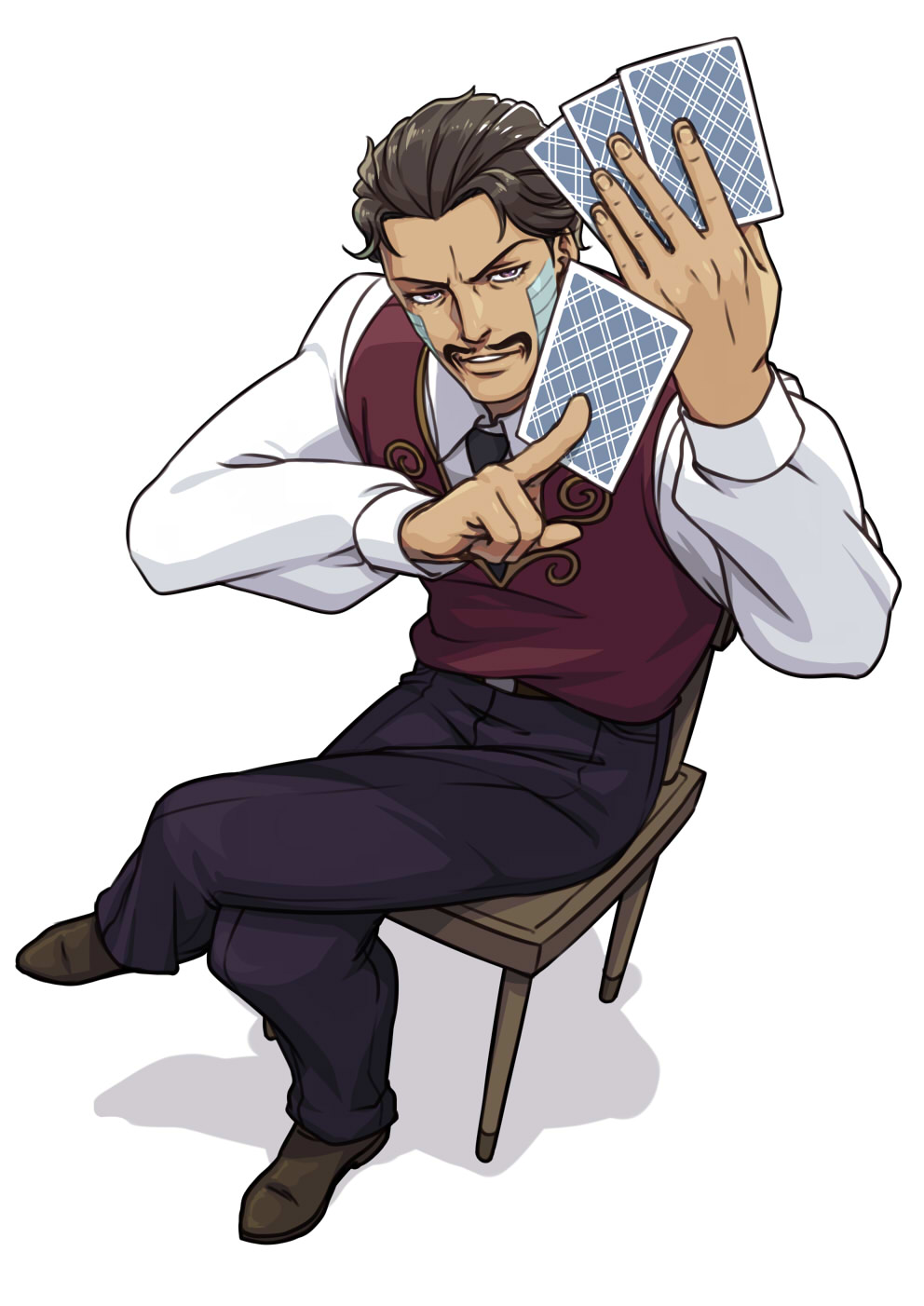 1boy black_hair brown_eyes card chair crossed_legs daniel_d'arby facial_hair facial_mark from_above full_body highres jojo_no_kimyou_na_bouken male_focus mustache perspective playing_card saharada shadow sitting solo tattoo