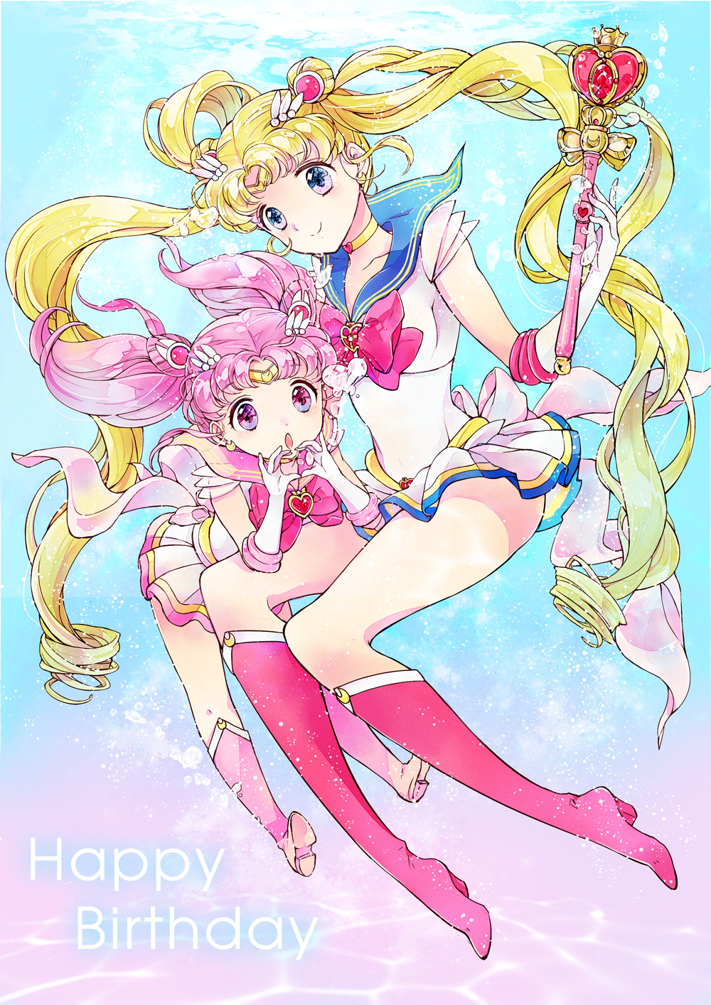 2girls :o aqua_background bishoujo_senshi_sailor_moon blonde_hair blue_eyes boots bow brooch bubble chibi_usa choker crescent crescent_earrings double_bun earrings elbow_gloves full_body gloves hair_ornament hairpin happy_birthday highres jewelry katou_sami knee_boots long_hair looking_at_viewer magical_girl multiple_girls pink_boots pink_eyes pink_hair pleated_skirt red_boots red_bow sailor_chibi_moon sailor_collar sailor_moon sailor_senshi short_hair skirt smile spiral_heart_moon_rod super_sailor_chibi_moon super_sailor_moon tsukino_usagi twintails white_gloves