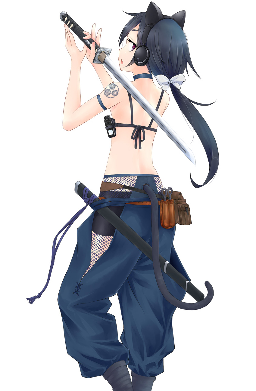 1girl armband axent_wear black_hair bow cat_tail choker digital_media_player fishnets from_behind hair_bow headphones highres hip_vent holding holding_sword holding_weapon long_hair okiru original ponytail pouch profile sheath simple_background solo sword tail tattoo violet_eyes weapon white_background white_bow