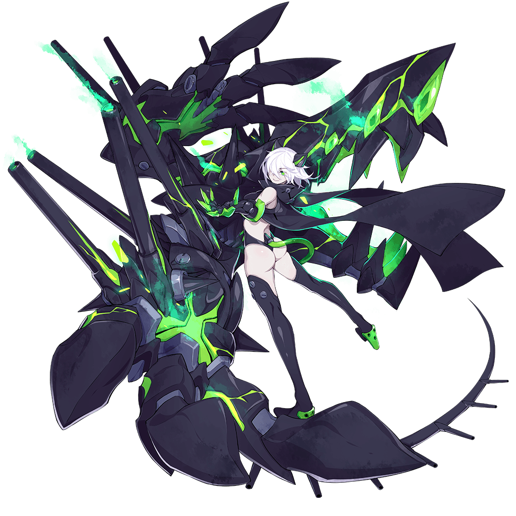 1girl ass bare_shoulders black_legwear cannon claws enemy_bismarck_(zhan_jian_shao_nyu) full_body gauntlets glowing green_eyes hair_over_one_eye high_heels horns leaning_back legs_apart looking_at_viewer looking_back mouth ntrsis official_art outstretched_arm pale_skin reaching see-through single_gauntlet smile solo spikes standing tail thigh-highs transparent_background white_hair zhan_jian_shao_nyu