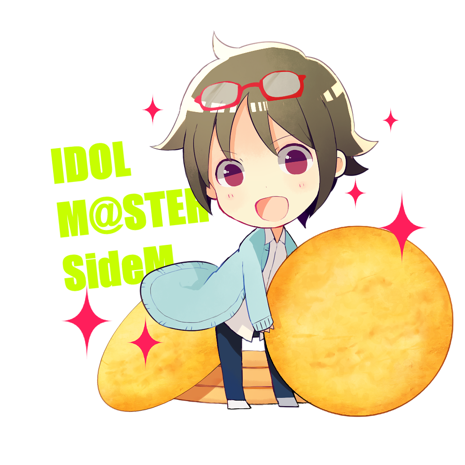 1boy :d cardigan chibi cookie copyright_name food glasses_on_head green_hair idolmaster idolmaster_side-m jacket looking_at_viewer lowres male_focus open_clothes open_jacket open_mouth pink_eyes red-framed_eyewear smile solo sparkle yamamura_ken