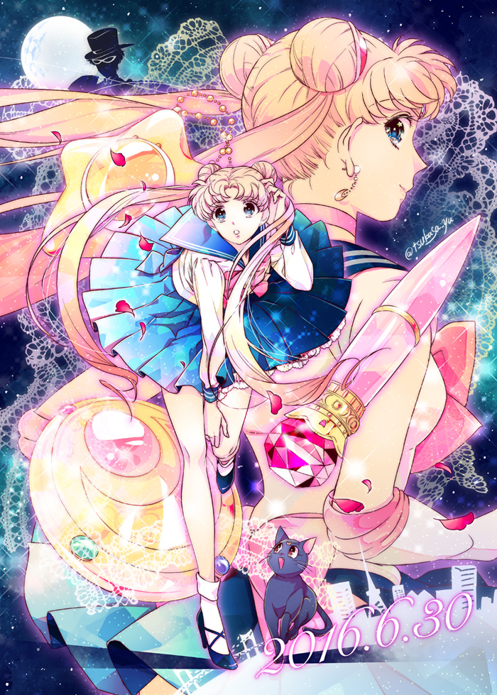 2016 2girls bishoujo_senshi_sailor_moon black_shoes blonde_hair blue_eyes blue_skirt bow brooch cat chiba_mamoru crescent crescent_earrings dated double_bun dual_persona earrings elbow_gloves full_moon gloves hair_ornament hairpin jewelry long_hair luna_(sailor_moon) magical_girl moon multiple_girls petals pink_bow pleated_skirt red_bow sailor_moon school_uniform serafuku shoes skirt smile socks t_growing tsukino_usagi tuxedo_kamen twintails twitter_username white_gloves