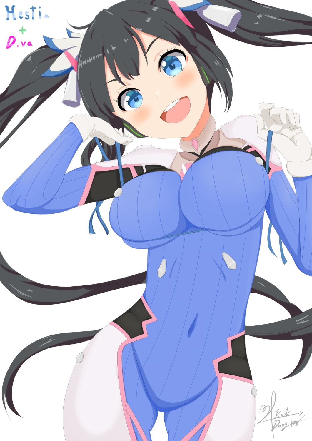1girl black_hair blue_eyes blush bodysuit breasts cosplay covered_navel cowboy_shot crossover d.va_(overwatch) d.va_(overwatch)_(cosplay) derivative_work dungeon_ni_deai_wo_motomeru_no_wa_machigatteiru_darou_ka gloves grapesoda hair_ribbon head_tilt headphones hestia_(danmachi) highres large_breasts long_hair looking_at_viewer open_mouth overwatch pilot_suit rei_no_himo ribbon signature simple_background smile solo twintails white_background white_gloves