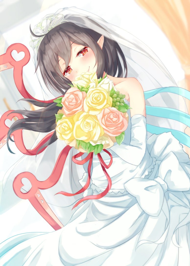 1girl ahoge alternate_costume asymmetrical_wings bare_shoulders black_hair blush bouquet bridal_veil collarbone commentary_request dress elbow_gloves flower gloves heart houjuu_nue igakusei long_hair looking_at_viewer nue_day pointy_ears red_eyes red_ribbon ribbon smile solo strapless strapless_dress touhou veil wedding_dress white_dress white_gloves wings