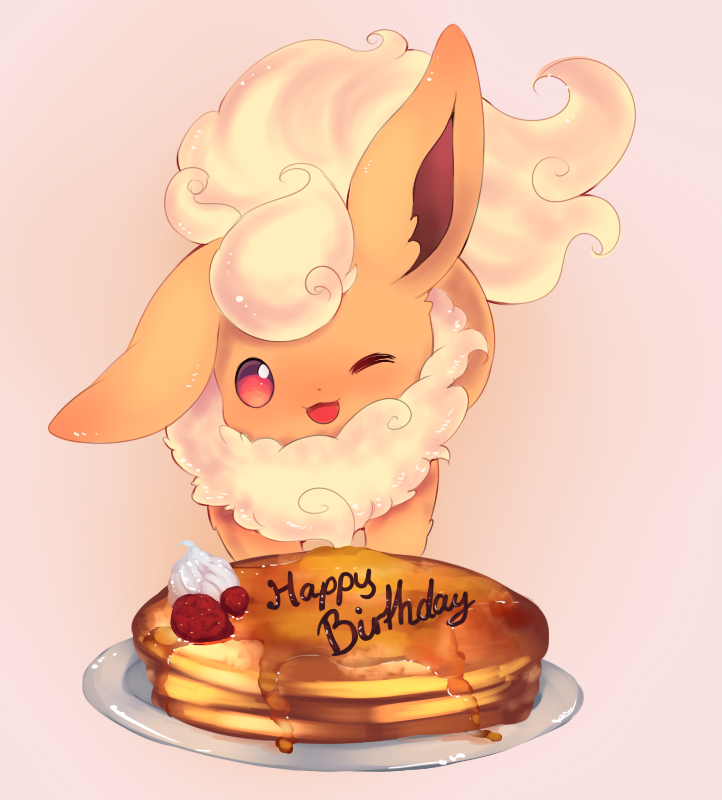 drawfag flareon food fruit happy_birthday no_humans one_eye_closed open_mouth pancake plate pokemon pokemon_(creature) solo stack_of_pancakes strawberry syrup whipped_cream