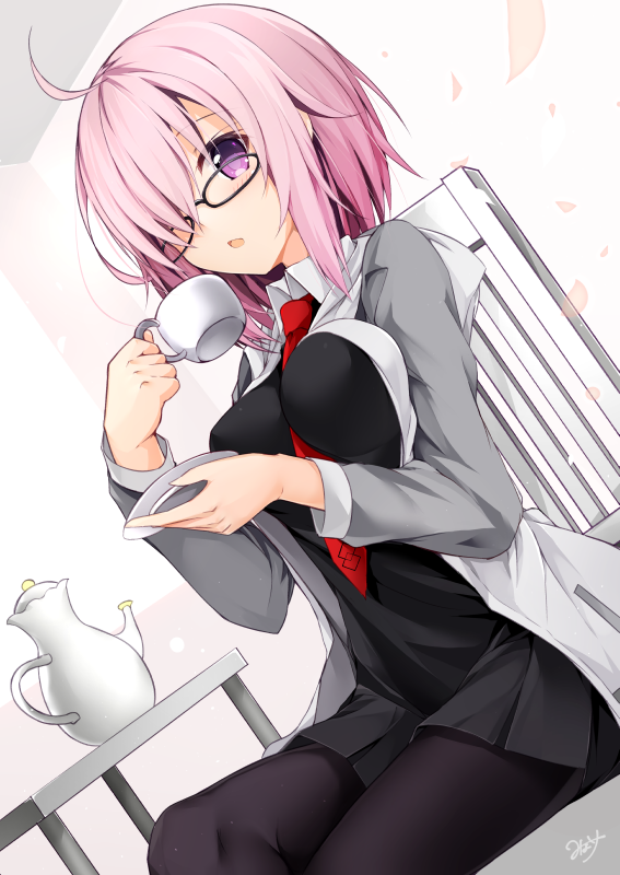 1girl blush breasts cup fate/grand_order fate_(series) glasses hair_over_one_eye looking_at_viewer minari_(minari37) open_mouth pantyhose purple_hair shielder_(fate/grand_order) short_hair solo teacup teapot violet_eyes