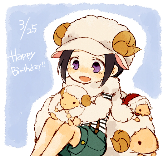 1boy alternate_costume black_hair happy_birthday hat idolmaster idolmaster_side-m male_focus okamura_nao santa_hat shirt striped striped_shirt stuffed_animal stuffed_sheep stuffed_toy violet_eyes