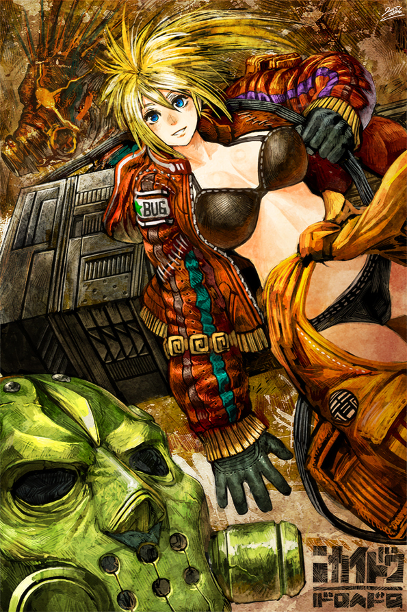 1boy 1girl 2015 bangs black_bra black_gloves black_panties blonde_hair blue_eyes bra breasts caiman character_name clothes_around_waist clothes_writing copyright_name cowboy_shot dated dorohedoro dutch_angle gas_mask gibagiba gloves hair_between_eyes jacket large_breasts leather leather_gloves long_hair long_sleeves looking_at_viewer mask nikaido open_clothes open_jacket over_shoulder panties ponytail smile stitches striped teeth underwear unzipped vertical_stripes