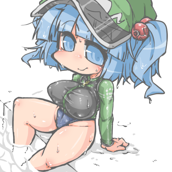 1girl alternate_costume blue_eyes blue_hair blush breasts covered_nipples hair_bobbles hair_ornament hat kawashiro_nitori kureha_mitsushige large_breasts long_sleeves looking_at_viewer love_handles short_hair smile solo sweat swim_shirt thighs touhou two_side_up wading water wet