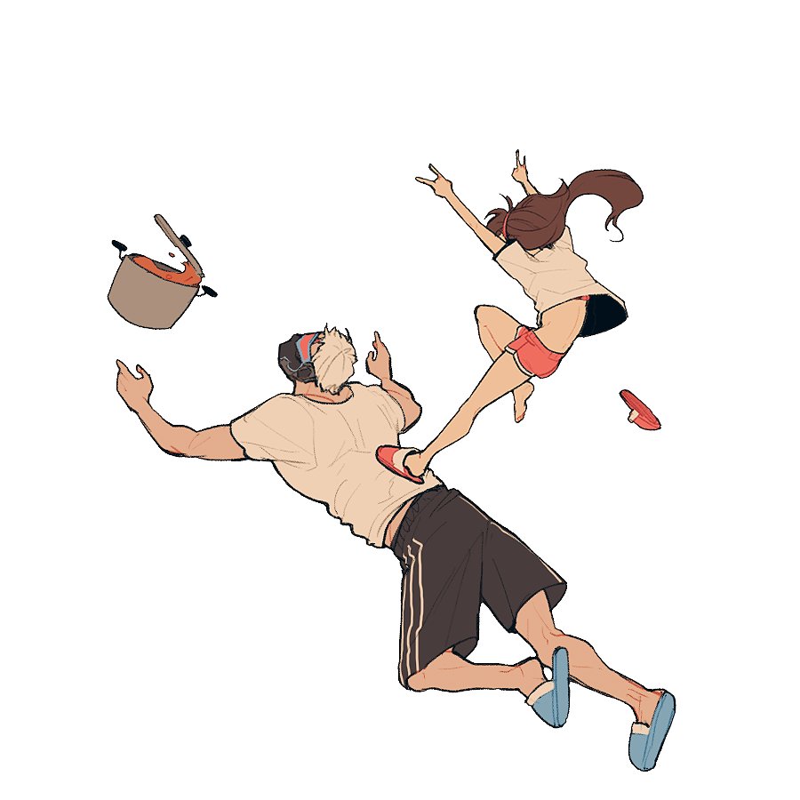1boy 1girl \m/ brown_hair covered_mouth d.va_(overwatch) double_\m/ face_mask flying_kick from_behind hairband kicking long_hair mask overwatch pink_shorts pot scar short_hair short_sleeves shorts simple_background single_shoe slippers soldier:_76_(overwatch) stepped_on visor white_background white_hair