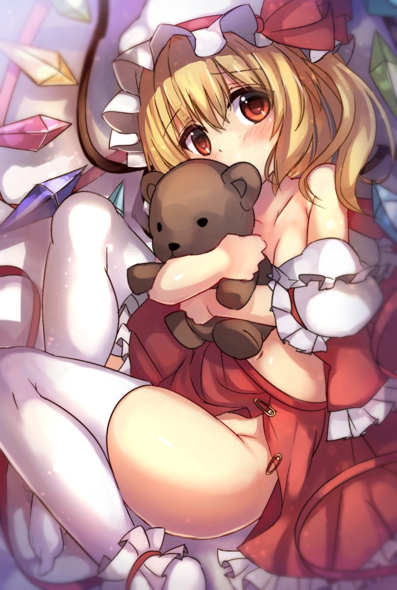 1girl ankle_cuffs bare_shoulders bent_knees blonde_hair blush breasts cleavage collarbone commentary_request covered_mouth crystal doll flandre_scarlet frills hat hat_ribbon janne_cherry looking_at_viewer lying mob_cap navel no_panties object_hug off_shoulder on_side red_eyes red_ribbon ribbon side_ponytail skirt skirt_set solo stuffed_animal stuffed_toy teddy_bear thigh-highs touhou wardrobe_malfunction white_legwear wings