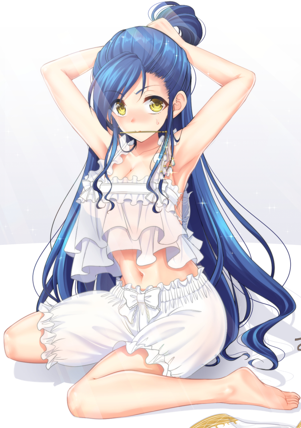 1girl adjusting_hair armpits arms_up bare_arms bare_legs bare_shoulders barefoot bloomers blue_hair bow camisole collarbone copyright_request diamond eyelashes full_body glint hair_ornament hair_stick highres long_hair looking_at_viewer mouth_hold navel ponytail simple_background sitting sleeveless soles solo stomach sweatdrop tareme toes tying_hair underwear very_long_hair wariza white_background white_bow yellow_eyes youshuu