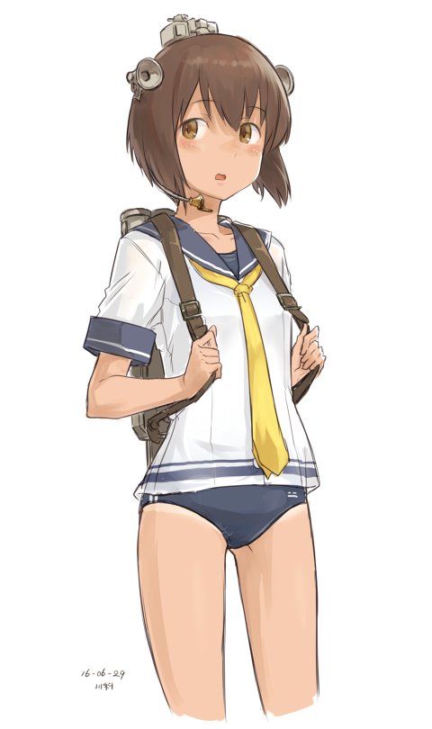 1girl backpack bag blush brown_eyes brown_hair collarbone cropped_legs dated headset kantai_collection kawashina_(momen_silicon) looking_away necktie number one-piece_swimsuit open_mouth sailor_collar school_swimsuit shirt short_sleeves simple_background solo swimsuit swimsuit_under_clothes white_background white_shirt yellow_necktie yukikaze_(kantai_collection)