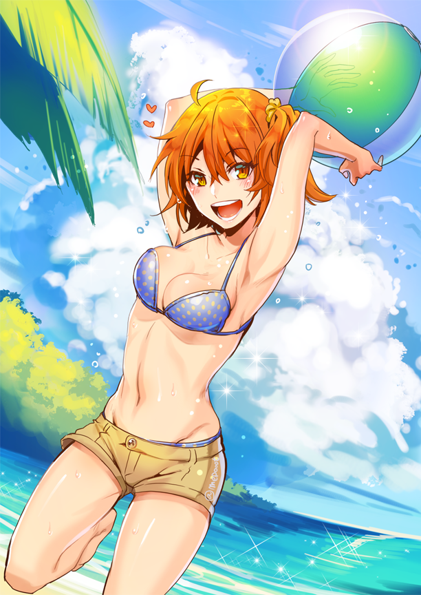 1girl :d ahoge armpits arms_up ball bare_legs bare_shoulders barefoot beachball bikini bikini_under_clothes blue_bikini blue_sky blush body_blush bouncing_breasts breasts brown_shorts buttons cleavage clouds coast collarbone cowboy_shot day eyebrows eyebrows_visible_through_hair fate/grand_order fate_(series) female_protagonist_(fate/grand_order) groin hair_between_eyes hair_ornament hair_scrunchie head_tilt heart holding_ball jumping leg_up lens_flare looking_at_viewer mepo_(raven0) midriff navel ocean open_mouth orange_eyes orange_hair outdoors palm_tree plant polka_dot polka_dot_bikini round_teeth scrunchie shore short_hair short_shorts shorts side_ponytail sky smile solo stomach summer sun sunlight swimsuit teeth transparent tree water