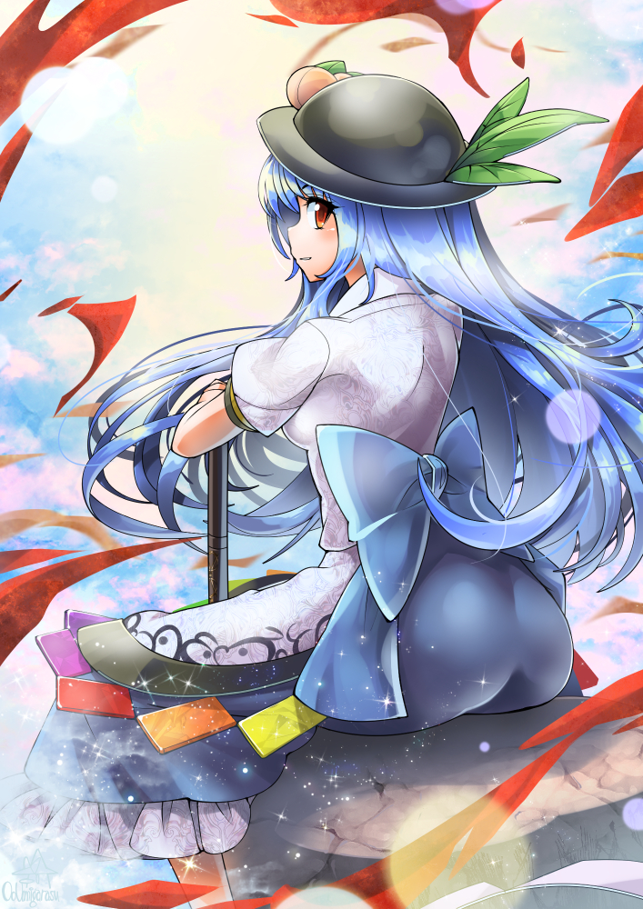 1girl ass black_hat blue_hair blue_ribbon blue_skirt clouds cloudy_sky collared_shirt dress_shirt floral_print food from_behind fruit hat hinanawi_tenshi keystone long_hair long_skirt looking_at_viewer parted_lips peach puffy_short_sleeves puffy_sleeves rainbow_order red_eyes ribbon rose_print scabbard sheath sheathed shirt short_sleeves sitting skirt sky solo sword sword_of_hisou touhou umigarasu_(kitsune1963) very_long_hair weapon white_shirt
