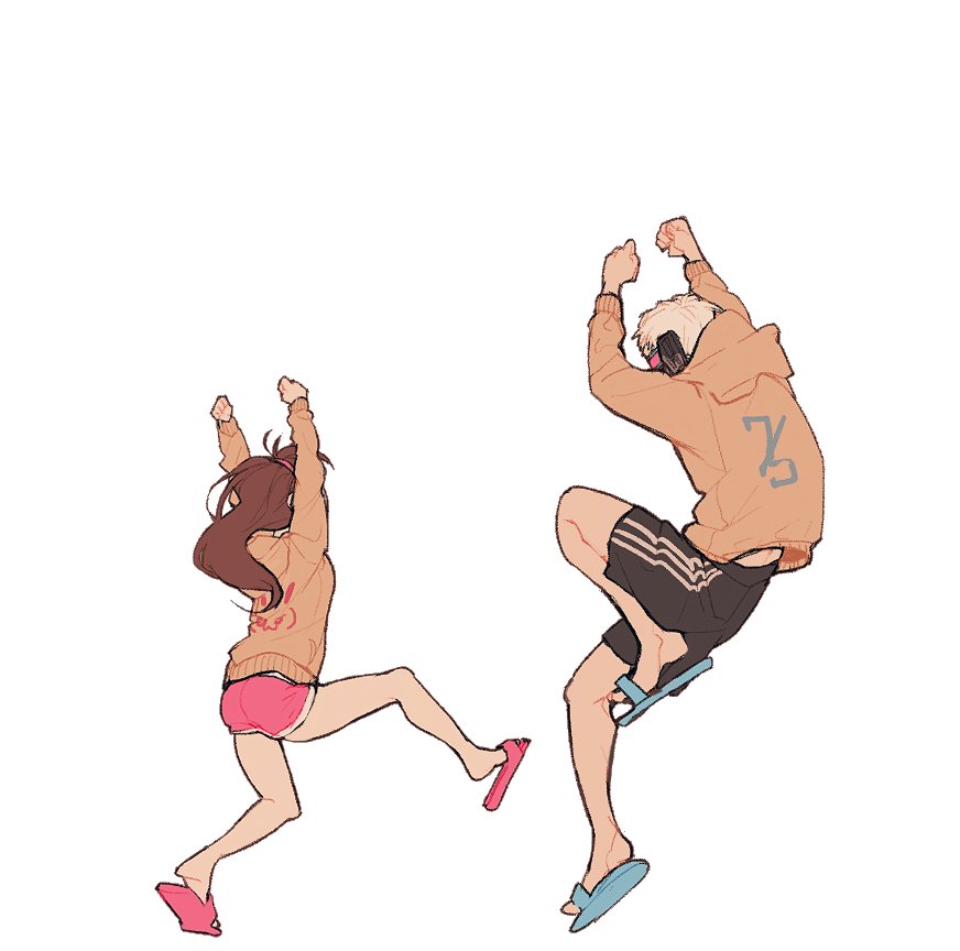 1boy 1girl arms_up ass brown_hair bunny_print character_name covered_mouth d.va_(overwatch) dancing face_mask from_behind hairband hood hoodie long_hair mask one_leg_raised overwatch pink_shorts rabbit short_hair short_shorts short_sleeves shorts simple_background slippers soldier:_76_(overwatch) visor white_background white_hair