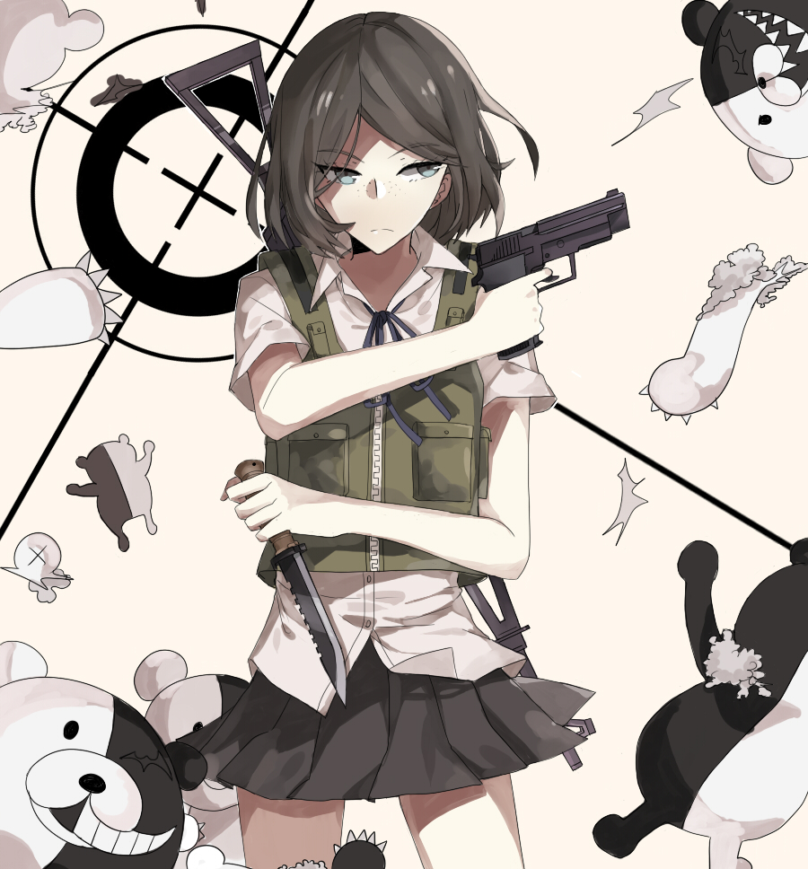 1girl artist_request black_hair black_skirt bulletproof_vest crosshair dangan_ronpa finger_on_trigger freckles gun handgun holding holding_gun holding_weapon ikusaba_mukuro knife miniskirt monokuma pistol pleated_skirt rifle short_hair sig_p226 sig_sauer skirt weapon