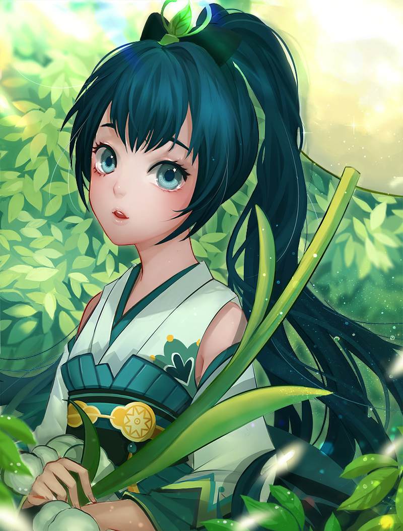 1girl antweiyi black_hair blue_eyes japanese_clothes long_hair looking_at_viewer onmyoji open_mouth outdoors ponytail solo sunlight very_long_hair ying_grass