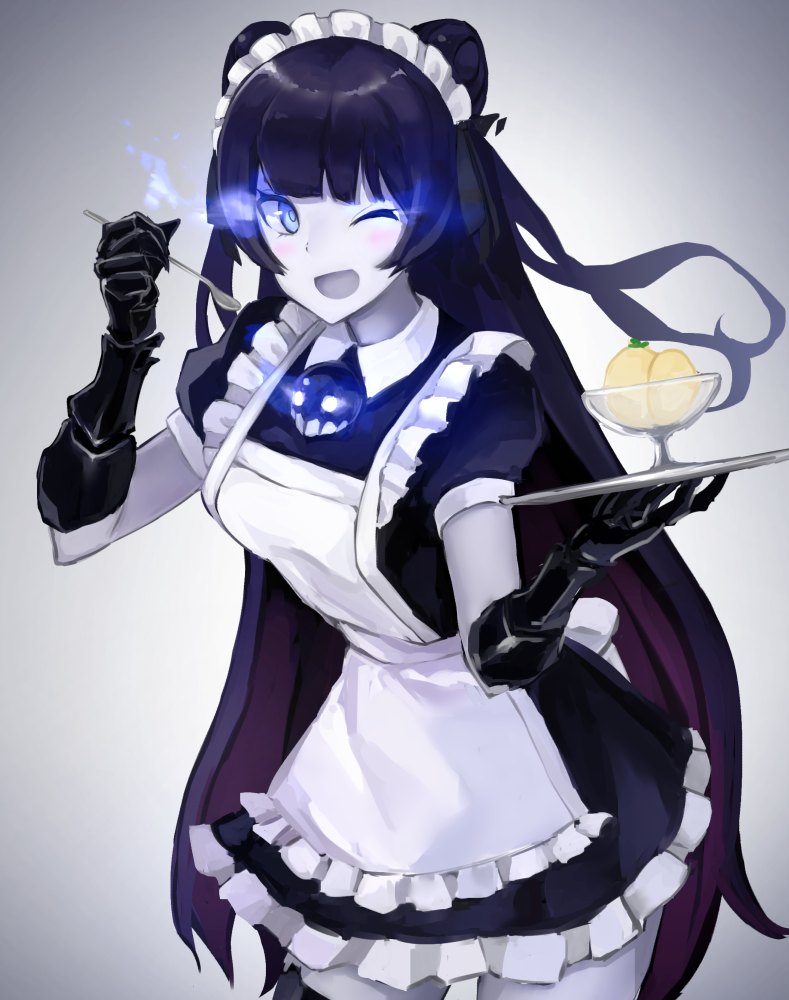 1girl ;d alternate_costume apron black_hair blue_eyes blush double_bun enmaided food gauntlets glowing glowing_eyes ice_cream kantai_collection light_cruiser_oni long_hair looking_at_viewer maid maid_headdress one_eye_closed open_mouth shinkaisei-kan smile solo spoon tray weasel_(close-to-the-edge) white_skin