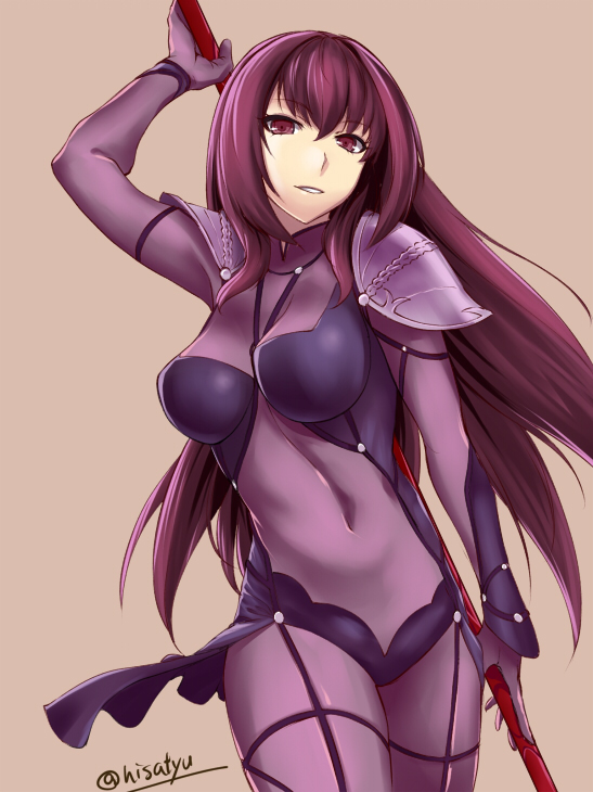 1girl :d black_hair breasts brown_eyes cleavage covered_navel fate/grand_order fate_(series) gae_bolg holding ishii_hisao long_hair looking_at_viewer open_mouth parted_lips scathach_(fate/grand_order) smile solo