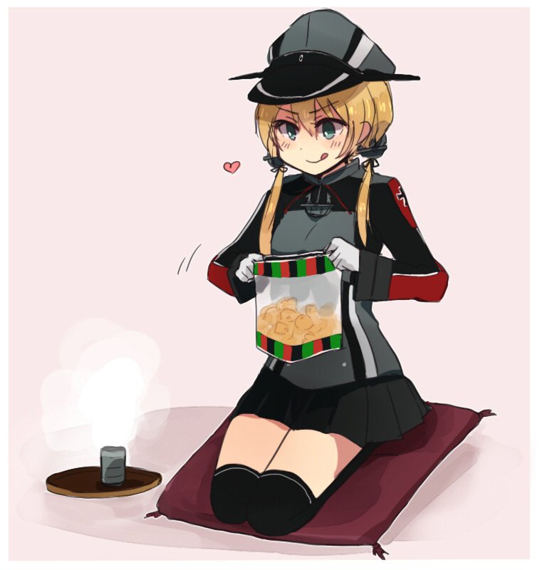 1girl :p anchor_choker anchor_hair_ornament annin_musou bangs commentary_request cushion food gloves green_eyes hair_between_eyes hair_ornament hat heart jacket kantai_collection low_twintails military military_uniform opening pink_background pleated_skirt prinz_eugen_(kantai_collection) seiza senbei sitting sketch skirt solo steam thigh-highs tongue tongue_out tray twintails uniform yunomi