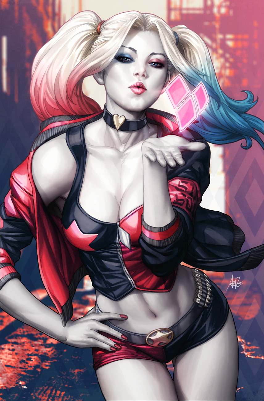 1girl batman_(series) blonde_hair blue_eyes breasts dc_comics harley_quinn highres lipstick long_hair makeup midriff multicolored_hair navel shorts smile solo stanley_lau suicide_squad twintails