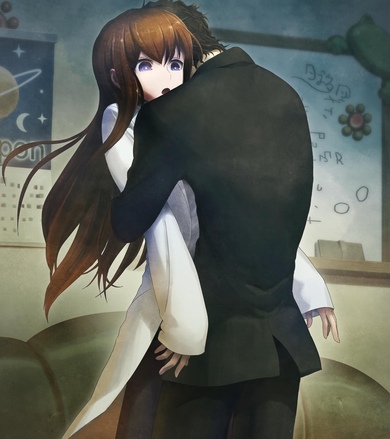 1boy 1girl black_hair blue_eyes brown_hair highres hug huke indoors labcoat long_hair makise_kurisu official_art okabe_rintarou open_mouth pantyhose short_hair steins;gate_zero