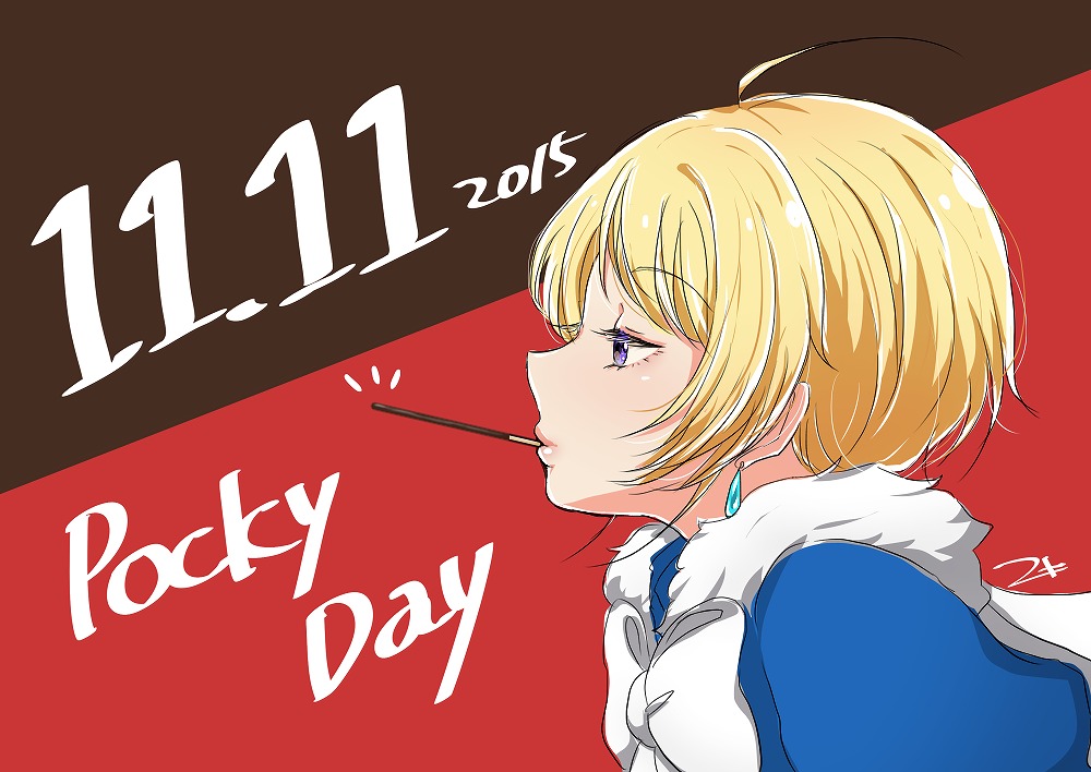 1boy 2015 blonde_hair chocolate close-up dated earrings eating eyelashes food food_in_mouth fur_trim idolmaster idolmaster_side-m jewelry lips male_focus mouth_hold niki_(nikism1987) pierre_(idolmaster) pocky pocky_day profile solo two-tone_background violet_eyes