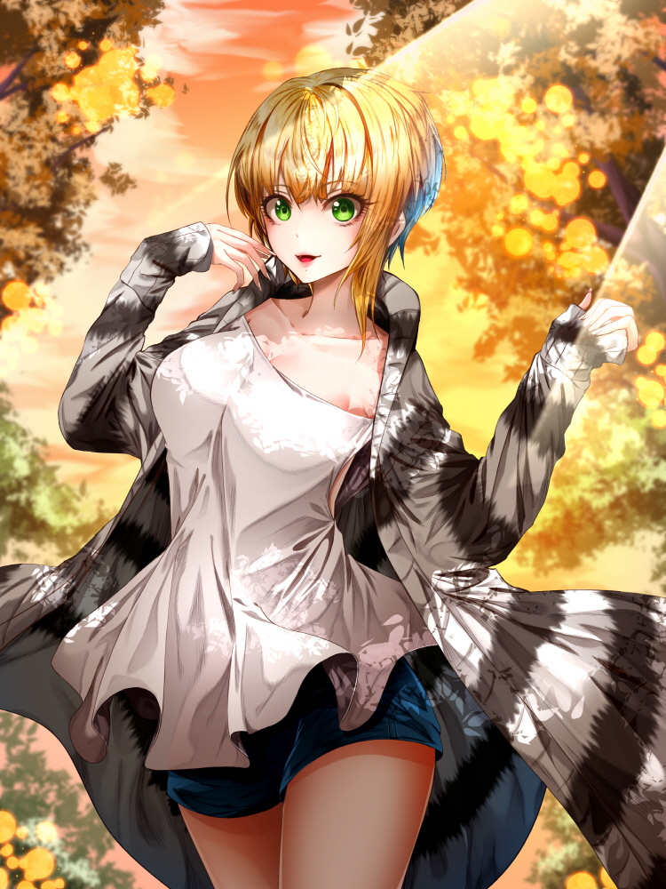 1girl :d bangs blonde_hair blouse blue_shorts blurry breasts cleavage clouds coat collarbone cowboy_shot depth_of_field eyebrows eyebrows_visible_through_hair eyelashes green_eyes hands_up idolmaster idolmaster_cinderella_girls large_breasts light_rays long_sleeves ming_(torga) miyamoto_frederica open_mouth orange_sky outdoors shade short_hair shorts sky sleeves_past_wrists smile solo tree tree_shade white_blouse