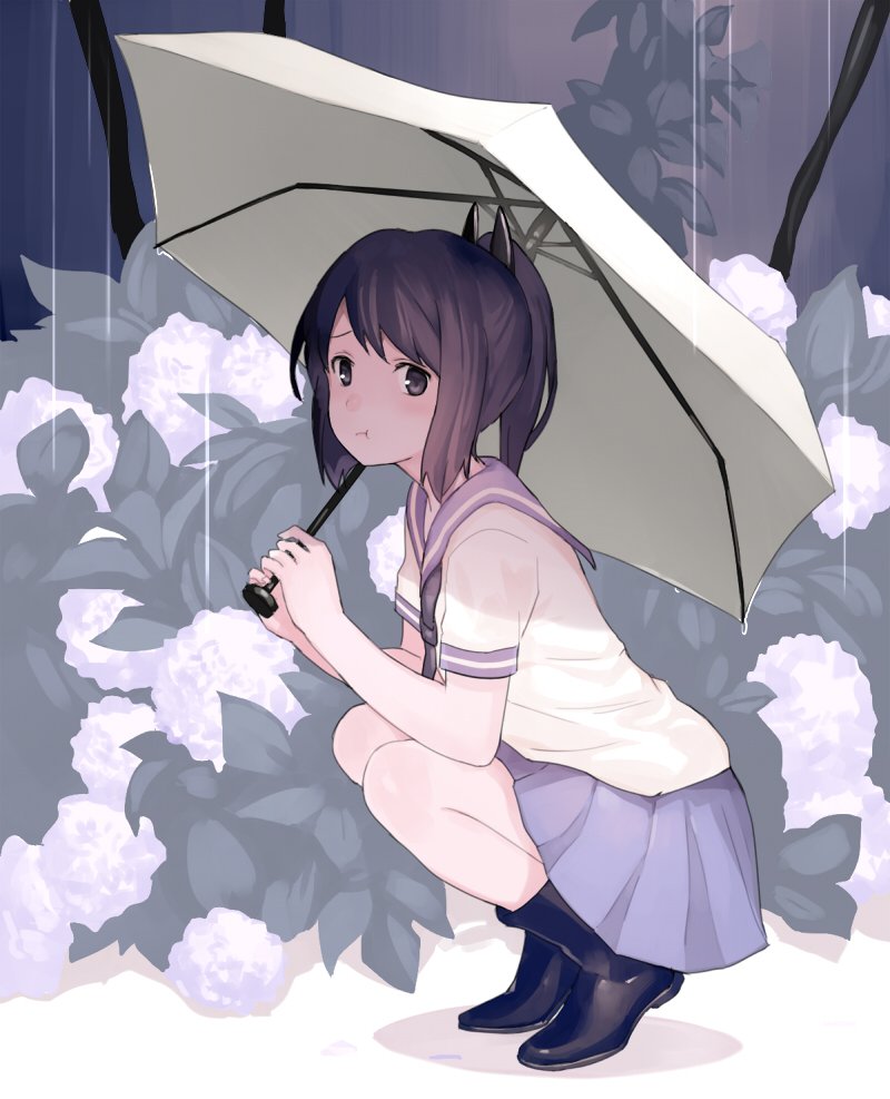 1girl alternate_costume boots brown_eyes brown_hair commentary_request floral_background flower hydrangea i-401_(kantai_collection) kantai_collection km_(artist) looking_at_viewer pleated_skirt ponytail pout rain school_uniform serafuku short_ponytail skirt solo tan tanline umbrella