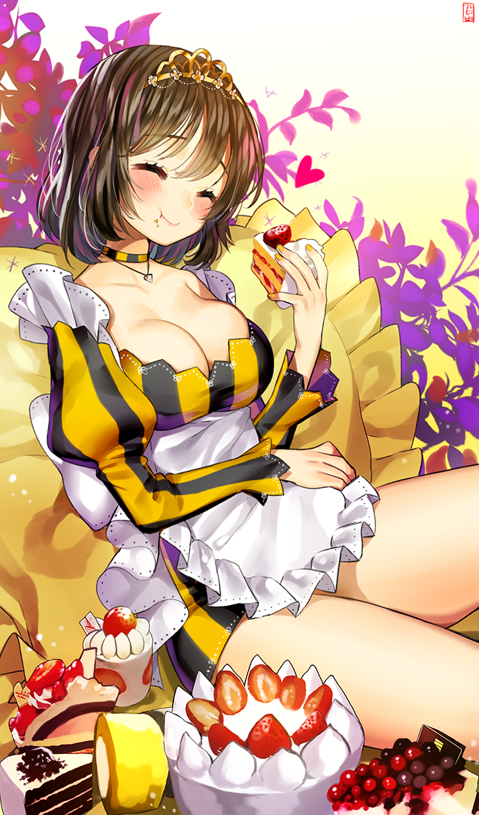 1girl :t ^_^ apron bare_shoulders blush breasts brown_hair cake cheesecake chocolate_cake choker cleavage closed_eyes collarbone colored_stripes dessert dress food food_on_face frilled_apron frilled_pillow frills fruit gabe_(seelunto) head_tilt heart holding holding_food jewelry juliet_sleeves long_sleeves nail_polish necklace original pillow puffy_sleeves short_hair sitting solo sparkle strawberry striped striped_dress swiss_roll tiara vertical-striped_dress vertical_stripes waist_apron yellow_nails
