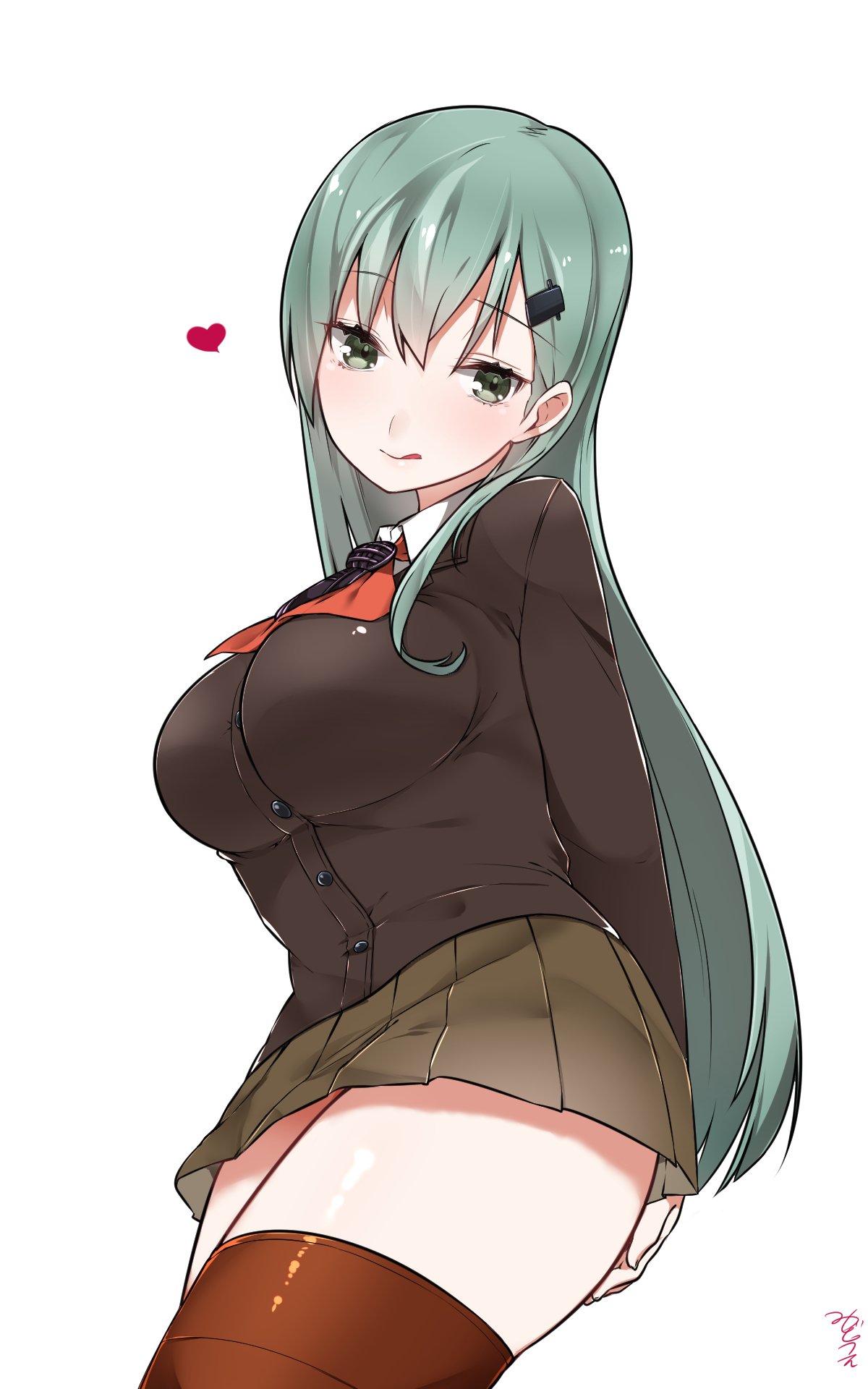 1girl adapted_costume aqua_eyes aqua_hair artist_name breasts brown_legwear brown_skirt buttons commentary_request covering covering_ass eyebrows eyebrows_visible_through_hair from_side hair_ornament hairclip heart highres jacket kantai_collection large_breasts long_hair long_sleeves looking_at_viewer mitsudoue pencil_skirt pleated_skirt signature simple_background skirt solo suzuya_(kantai_collection) thigh-highs white_background zettai_ryouiki