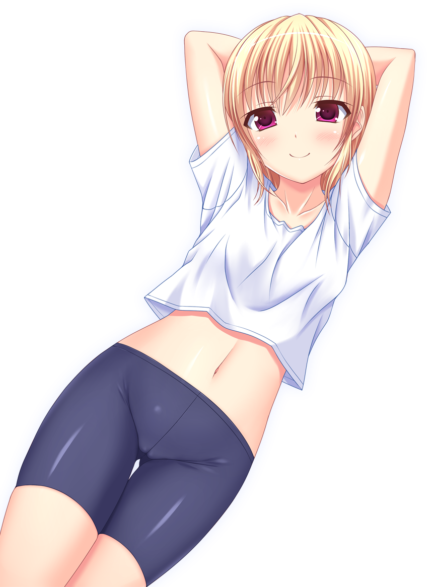 1girl bike_shorts blonde_hair kk-sk-ray midriff navel original red_eyes short_hair simple_background solo