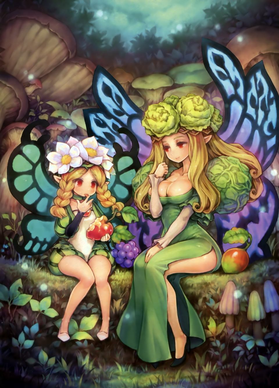 2girls apple black_shoes blonde_hair blush braid breasts cleavage clenched_hand closed_mouth dress eating elfaria_(odin_sphere) fairy fairy_wings flower food fruit full_body grapes green_dress hair_flower hair_ornament high_heels highres long_hair long_sleeves looking_at_another mercedes mother_and_daughter multiple_girls mushroom nut_(food) odin_sphere plant puffy_sleeves red_eyes shigatake shoes side_slit sitting twin_braids white_shoes wings