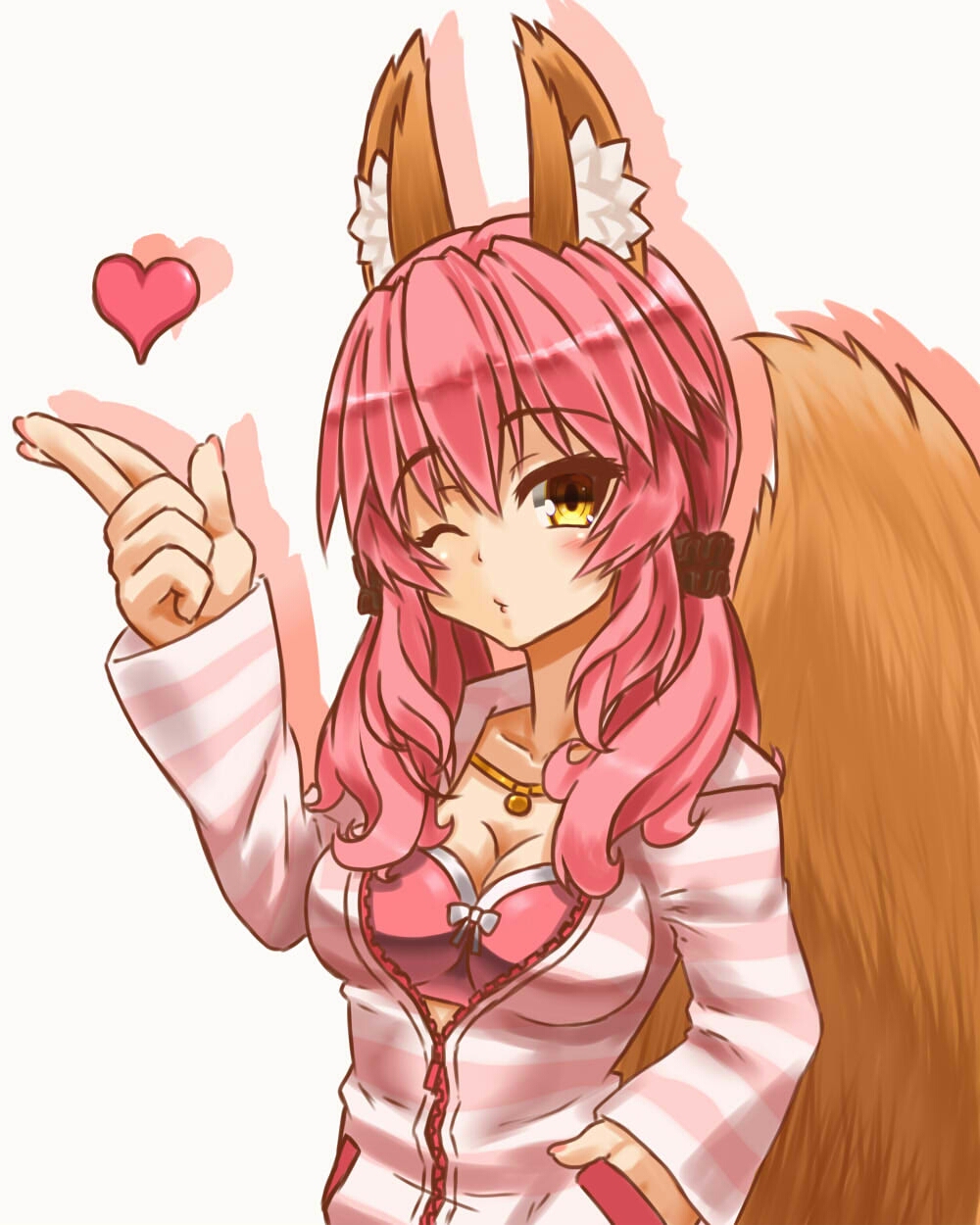 1girl animal_ears bra breasts caster_(fate/extra) cleavage collarbone fate/extra fate/stay_night fate_(series) fox_ears fox_tail gankon hair_ribbon hand_in_pocket heart highres jewelry large_breasts looking_at_viewer nail_polish necklace one_eye_closed open_mouth pink_bra pink_hair ribbon simple_background solo tail underwear white_background yellow_eyes