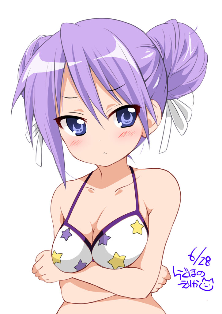 1girl artist_name bare_shoulders bikini bikini_top blue_eyes blush breasts closed_mouth collarbone crossed_arms dated double_bun hair_ribbon hiiragi_kagami looking_at_viewer lucky_star medium_breasts pink_hair ragho_no_erika ribbon short_hair simple_background solo star_print swimsuit upper_body white_background white_bikini white_bikini_top white_ribbon