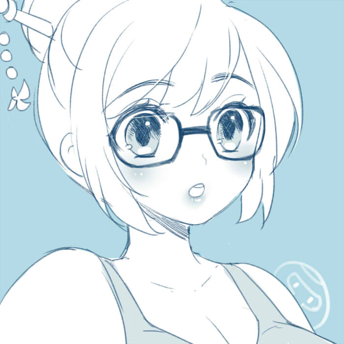 1girl atobesakunolove bangs bare_shoulders black-framed_eyewear blue_eyes breasts cleavage collarbone drone eyebrows eyebrows_visible_through_hair glasses hair_bun hair_ornament hair_stick limited_palette lips mei_(overwatch) open_mouth overwatch parted_bangs robot short_hair sidelocks snowflake_hair_ornament solo spot_color swept_bangs tank_top upper_body