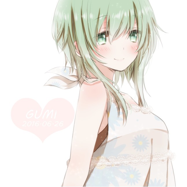 1girl 2016 arms_behind_back bare_shoulders blush character_name closed_mouth dated dress eyebrows eyebrows_visible_through_hair floral_print green_eyes green_hair gumi hair_between_eyes heart hiro_(hirohiro31) looking_at_viewer short_hair simple_background sleeveless sleeveless_dress smile solo sundress tareme upper_body vocaloid white_background