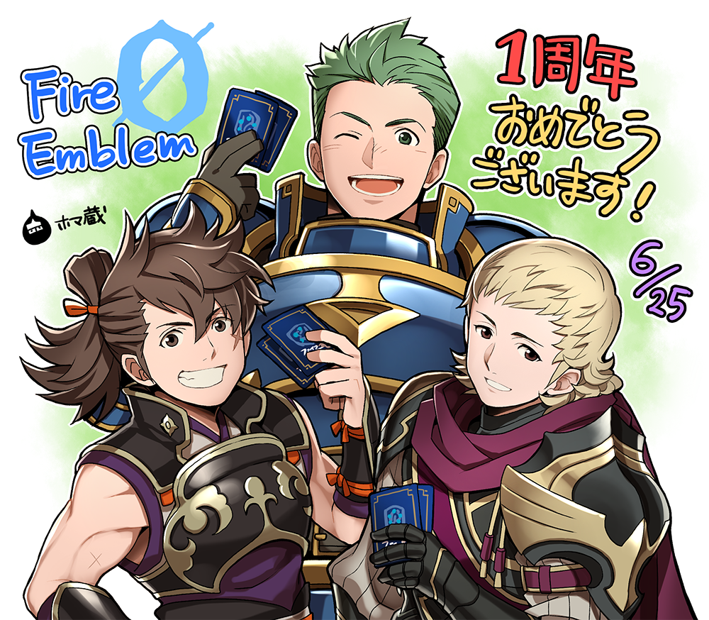 3boys armor blonde_hair brown_eyes brown_hair cape card copyright_name dated draug_(fire_emblem) fire_emblem fire_emblem:_mystery_of_the_emblem fire_emblem_cipher fire_emblem_if gloves green_eyes green_hair hinata_(fire_emblem_if) homa_kura male_focus multiple_boys official_art one_eye_closed open_mouth ponytail scar siegbert_(fire_emblem_if) teeth translation_request