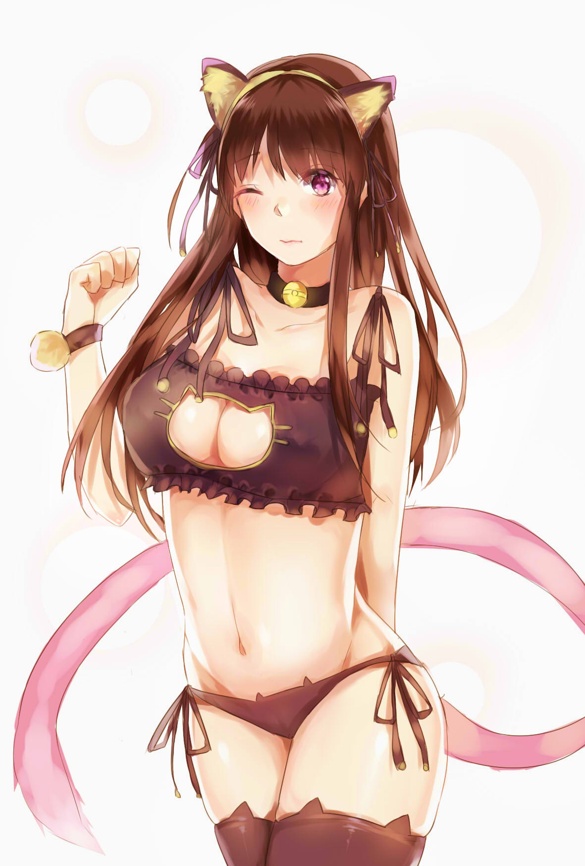 1girl 3; alti_meizi animal_ears arm_behind_back bell bell_collar black_legwear black_panties blush breasts brown_hair cat_ears cat_lingerie cat_tail cleavage clenched_hand closed_mouth collar collarbone contrapposto fake_animal_ears highres iki_hiyori large_breasts long_hair noragami one_eye_closed panties paw_pose pink_eyes side-tie_panties solo tail thigh-highs underwear wavy_mouth