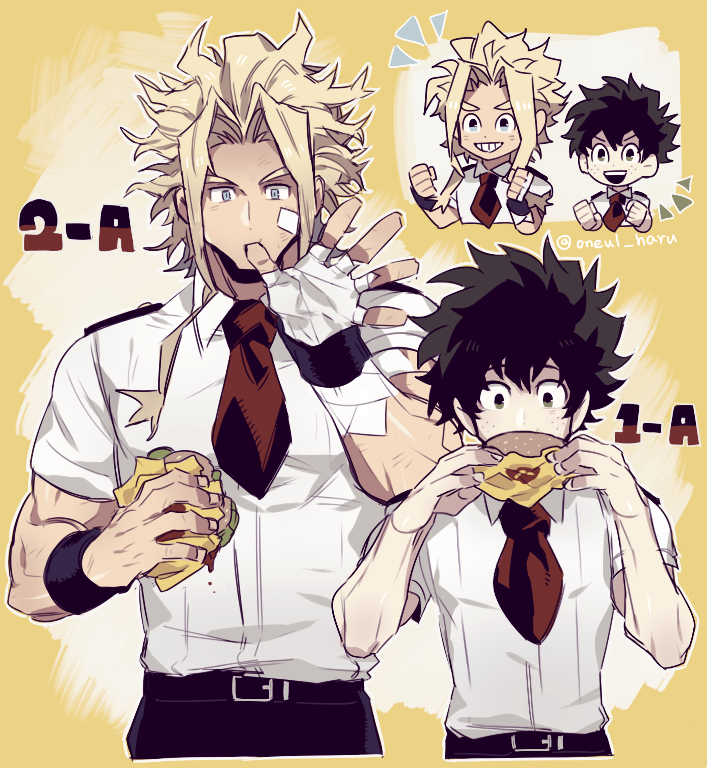 2boys all_might bandages bandaid bandaid_on_face belt blonde_hair blue_eyes boku_no_hero_academia clenched_hands eating eyebrows food freckles green_hair grin hamburger male_focus midoriya_izuku multiple_boys muscle necktie oneul_haru pale_skin red_necktie school_uniform simple_background smile teenage thick_eyebrows time_paradox twitter_username what_if wristband yellow_background younger
