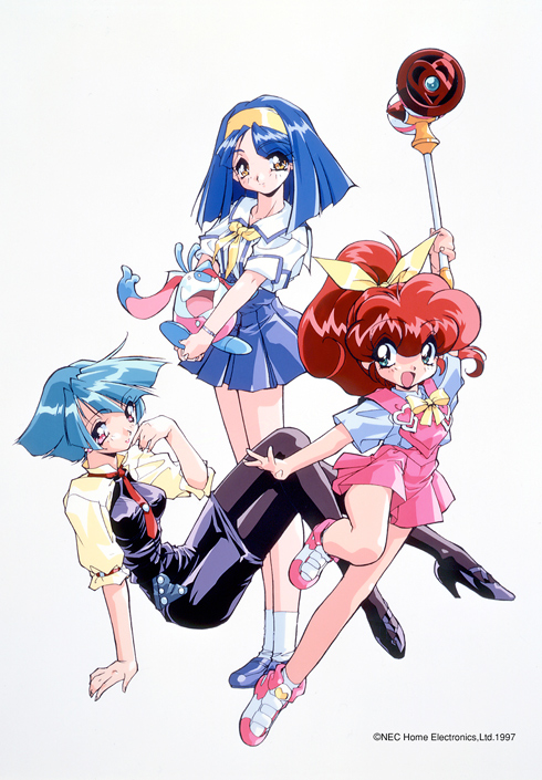 1997 3girls 90s aqua_eyes aqua_hair blue_hair blunt_ends carrying_under_arm character_request company_name dated hairband high_heels high_ponytail looking_at_viewer minimum_nanonic multiple_girls noritaka_suzuki official_art open_mouth pantyhose pencil_skirt pleated_skirt redhead shoes short_sleeves simple_background skirt sneakers wand white_background yellow_eyes