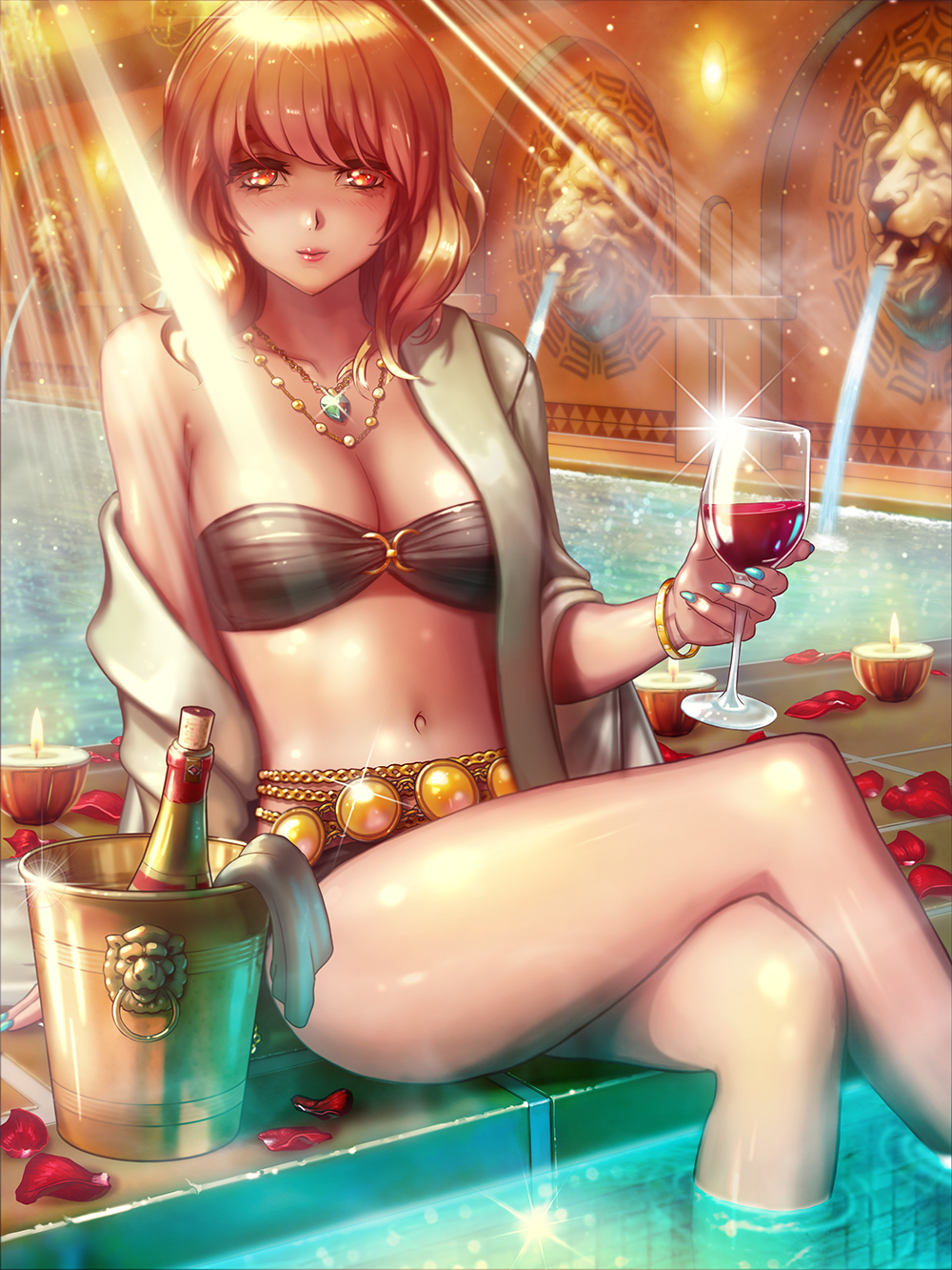 1girl alcohol aqua_nails arm_at_side bandeau bangs bare_shoulders bathtub bead_necklace bikini black_bikini bottle bowl bracelet breasts brown_hair bucket candle chain cleavage closed_mouth cloth coin crossed_legs cup drinking_glass eyelashes fingernails fire fountain glass glint glowing gold han_seung_lee heart heart_necklace highres holding jewelry lamp large_breasts legs lens_flare light_particles light_rays light_smile lion long_fingernails looking_at_viewer midriff nail_polish navel necklace o-ring_top off_shoulder on_floor open_clothes orange_eyes original pavement pendant petals pool ripples shiny shiny_skin sitting smile soaking_feet solo sparkle statue stomach sunbeam sunlight swimsuit wall water wine wine_bottle wine_glass