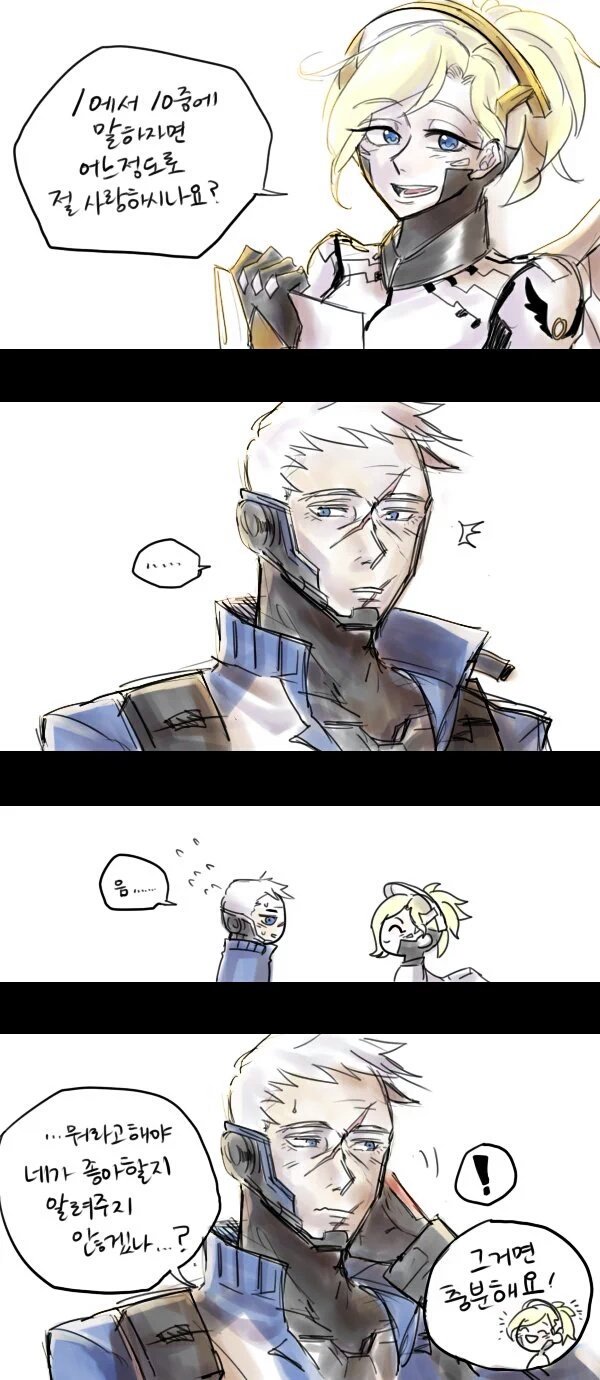 ! /\/\/\ 1boy 1girl 4koma ^_^ blonde_hair blue_eyes clipboard closed_eyes comic highres korean mechanical_halo mechanical_wings mercy_(overwatch) moiettoi31 open_mouth overwatch ponytail scar scratching_head silver_hair smile soldier:_76_(overwatch) sweat translation_request wings