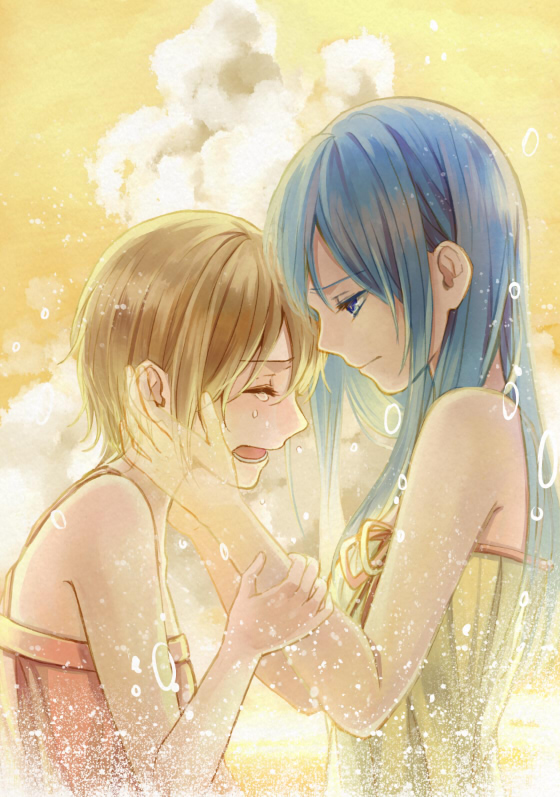 2girls arm_grab backlighting blue_eyes blue_hair brown_hair closed_eyes commentary crying dress hand_up hands_on_another's_face hands_on_another's_head head_to_head koyami_tsukito light light_particles long_hair multiple_girls muted_color open_mouth original sad short_hair sobbing sundress tears transparent upper_body yellow