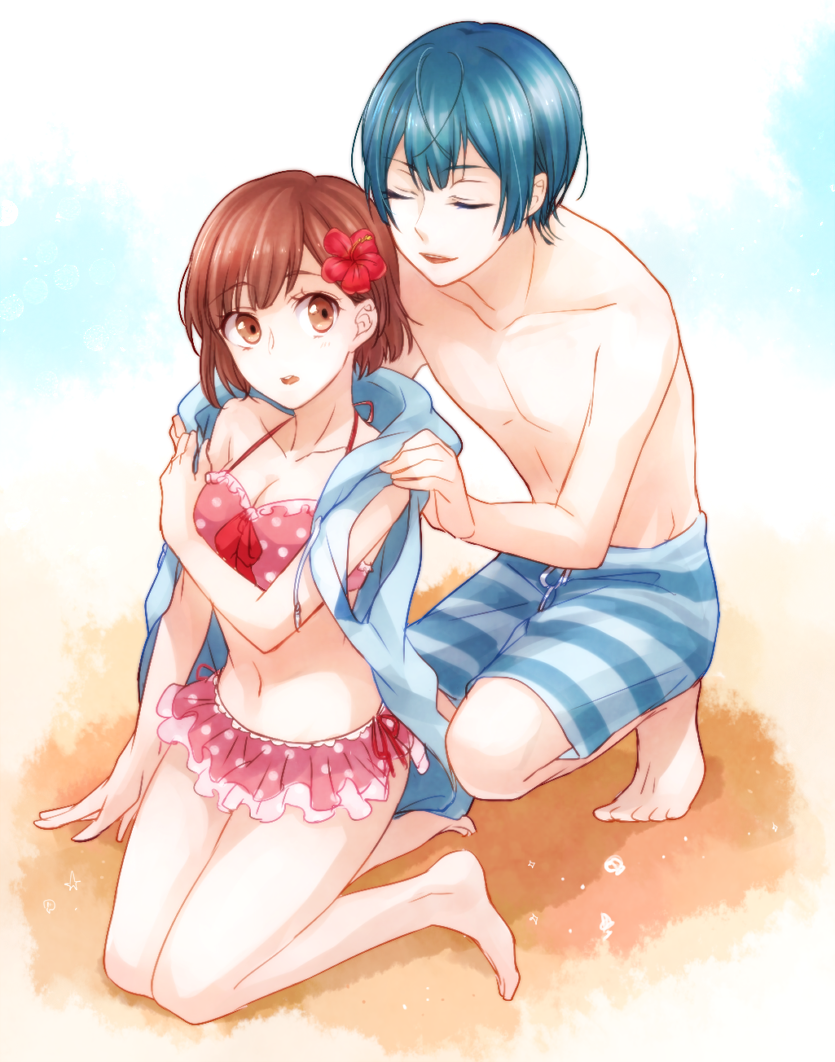 1boy 1girl bangs bikini blue_hair breasts brown_eyes brown_hair closed_mouth collarbone dance_with_devils flower hair_flower hair_ornament halterneck hood hoodie hoodie_vest kneeling loewen male_swimwear navel on_ground parted_lips pink_bikini_top polka_dot polka_dot_bikini roen_(dance_with_devils) squatting striped striped_swimsuit swept_bangs swim_trunks swimsuit swimwear t0day8 tachibana_ritsuka vest