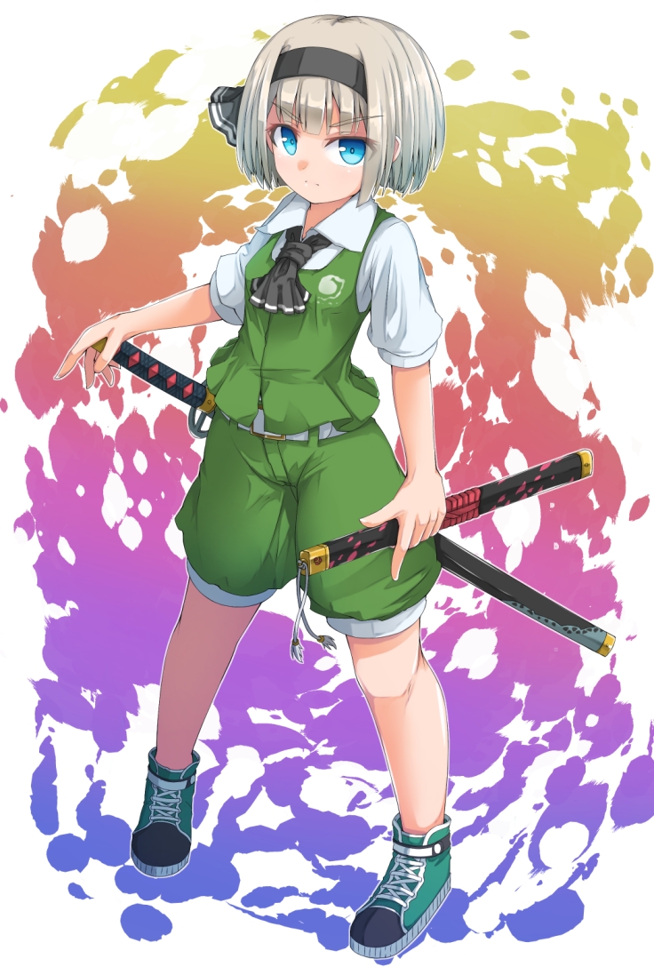 &gt;:( 1girl adapted_costume ascot bangs behind_back belt belt_buckle black_ribbon blue_eyes blunt_bangs buckle closed_mouth collared_shirt eyebrows eyebrows_visible_through_hair full_body green_shoes green_shorts green_vest hair_ribbon hairband holding katana konpaku_youmu looking_at_viewer multicolored_background pigeon-toed ribbon scabbard serious sheath sheathed shirt shoes short_hair short_sleeves shorts silver_hair sneakers solo standing sword tassel touhou uumaru1869 vest wakizashi weapon wing_collar