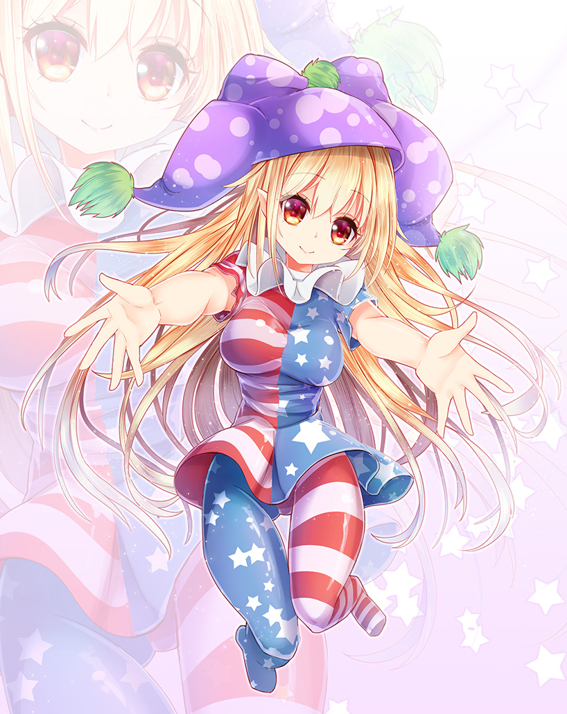 1girl american_flag_dress american_flag_legwear blonde_hair breasts closed_eyes clownpiece dress foreshortening hat head_tilt jester_cap long_hair looking_at_viewer medium_breasts neck_ruff outstretched_arms pantyhose pointy_ears polka_dot reaching_out red_eyes short_dress short_sleeves smile solo star star_print striped touhou z.o.b zoom_layer