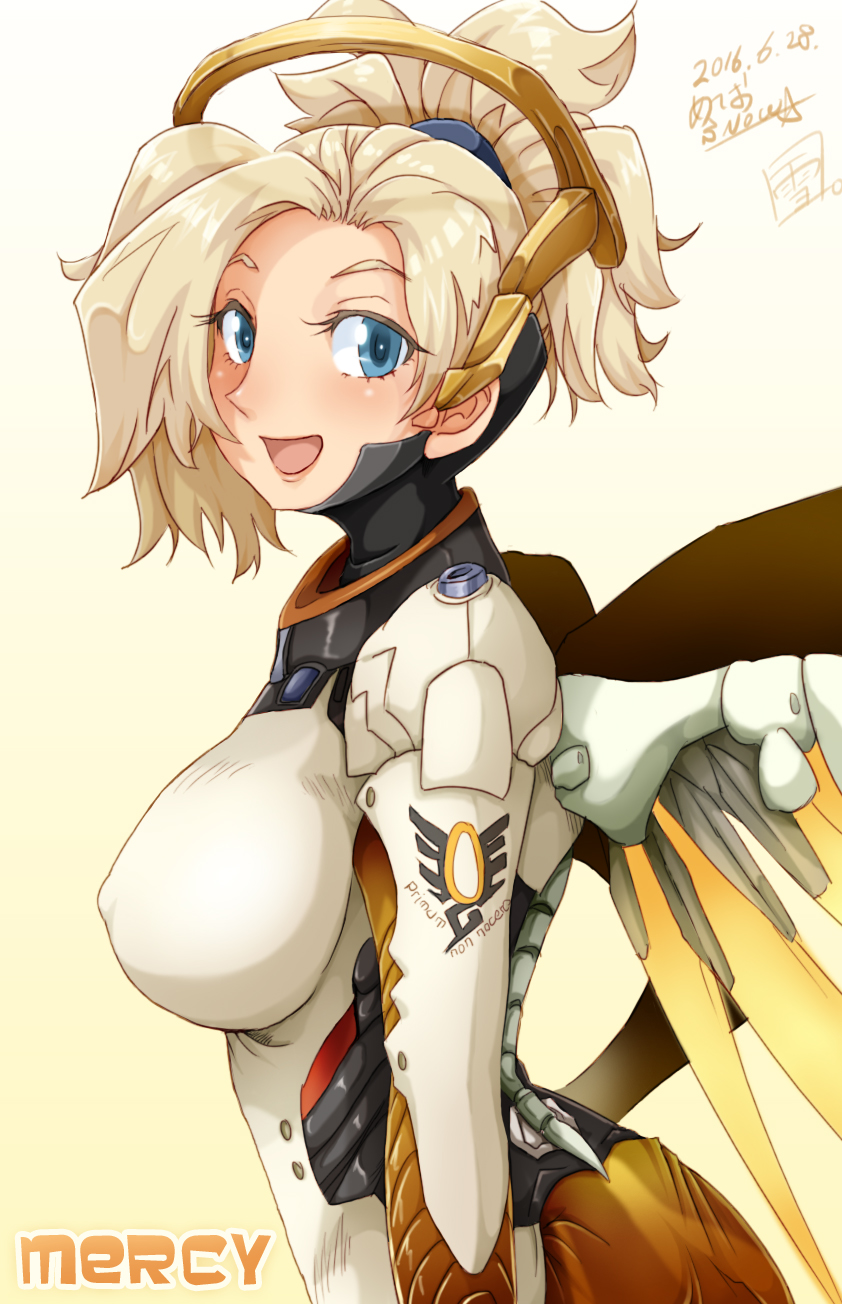 1girl armor artist_name blonde_hair blue_eyes bodysuit breasts character_name covered_nipples dated emblem from_side headgear high_collar highres large_breasts looking_at_viewer mechanical_halo mechanical_wings mercy_(overwatch) meteo_snow open_mouth overwatch ponytail short_hair short_ponytail signature smile solo turtleneck upper_body wing_print wings